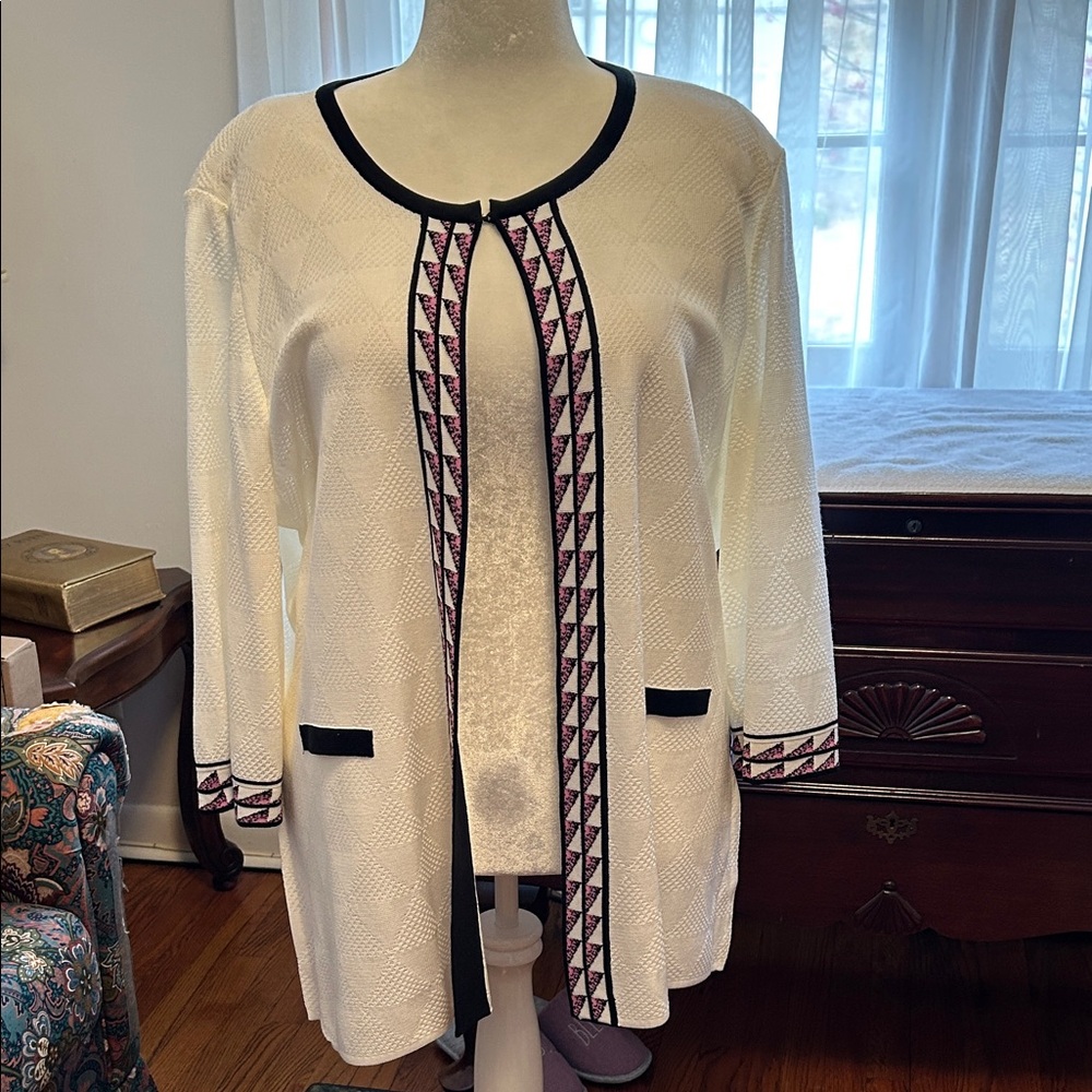 Ming Wang White Cardigan with Black and Pink Accents